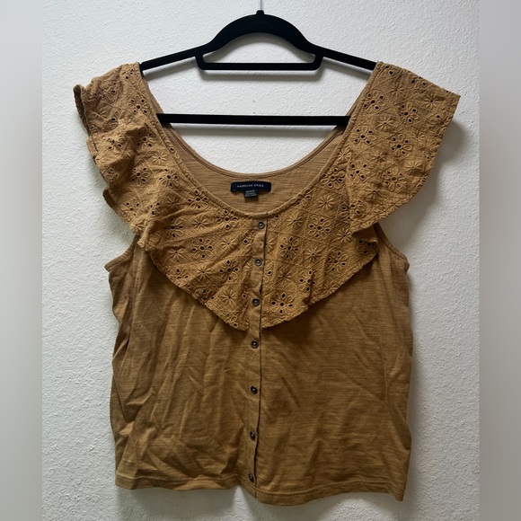 American Eagle Outfitters Tops - American Eagle Outfitters Tan Flutter Sleeve Blouse with Ruffled Bib Collar